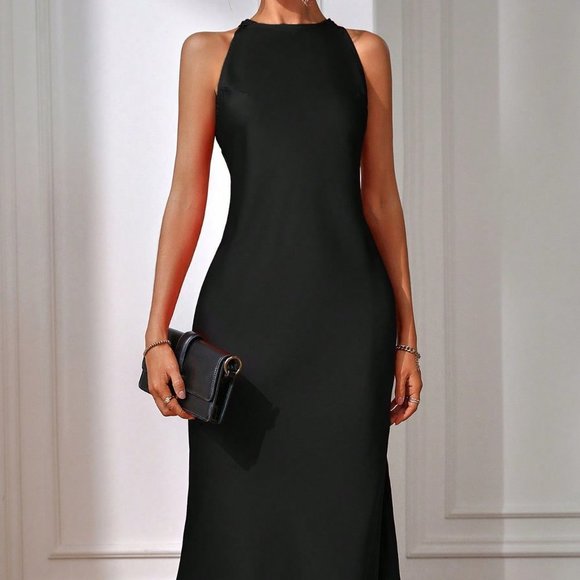 Black Satin Split Thigh Maxi Dress - Picture 3 of 5